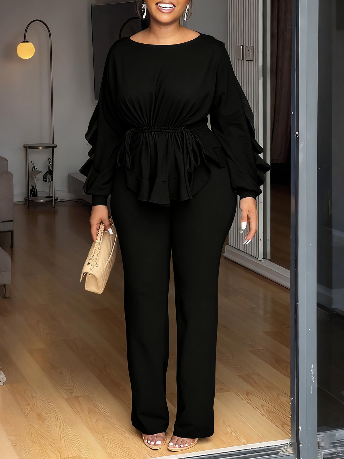 O Neck Ruffle Long Sleeve Drawstring Top Pants Set