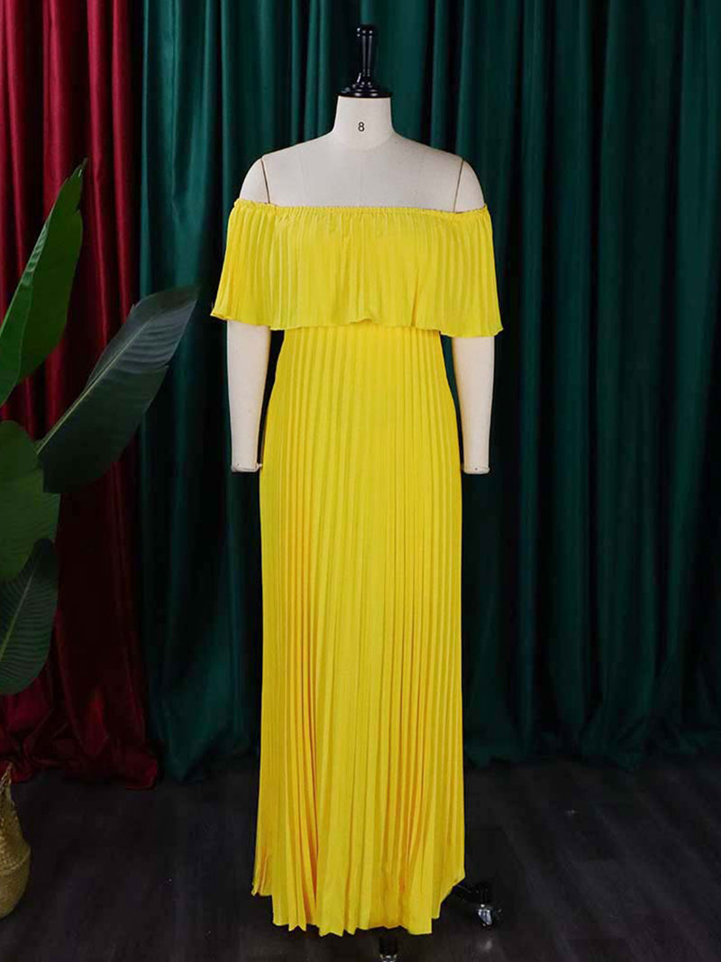 Elegant Solid Color Pleated Off Shoulder Long Dress