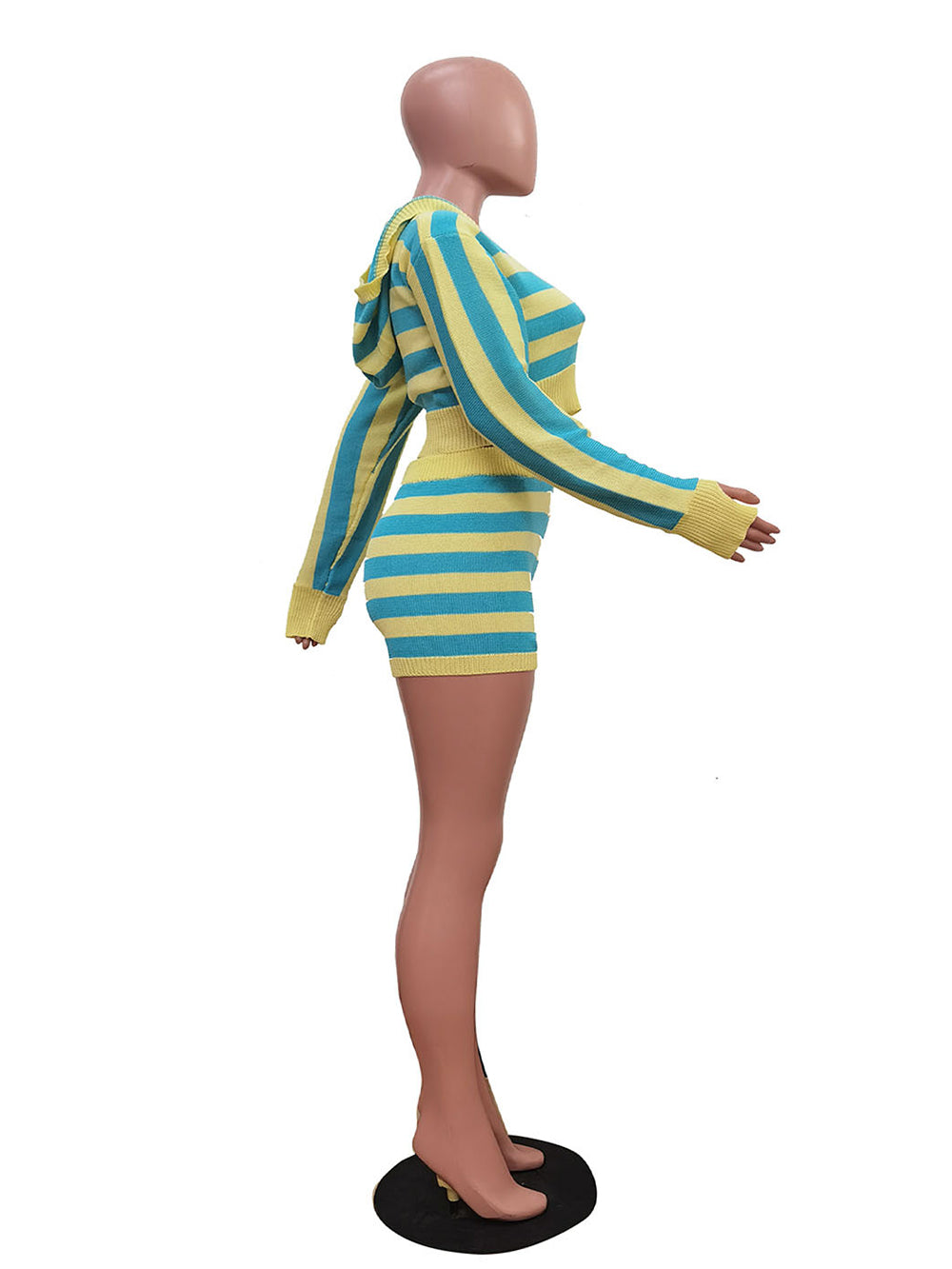 Casual Stripe Patchwork V Neck Hooded Two Piece Set