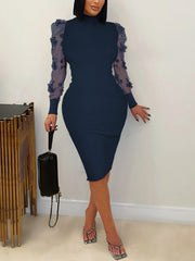Elegant Floral Applique Mesh Sleeve Bodycon Dress