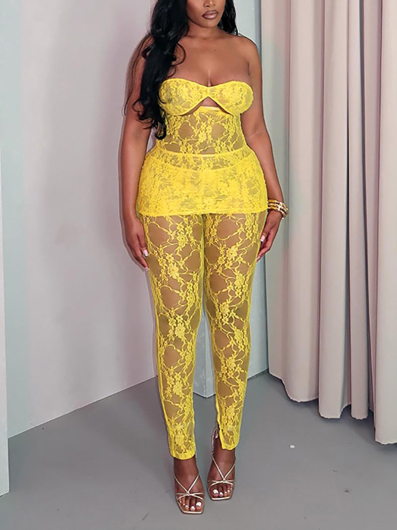 Sexy Lace Strapless See through Trousers Set