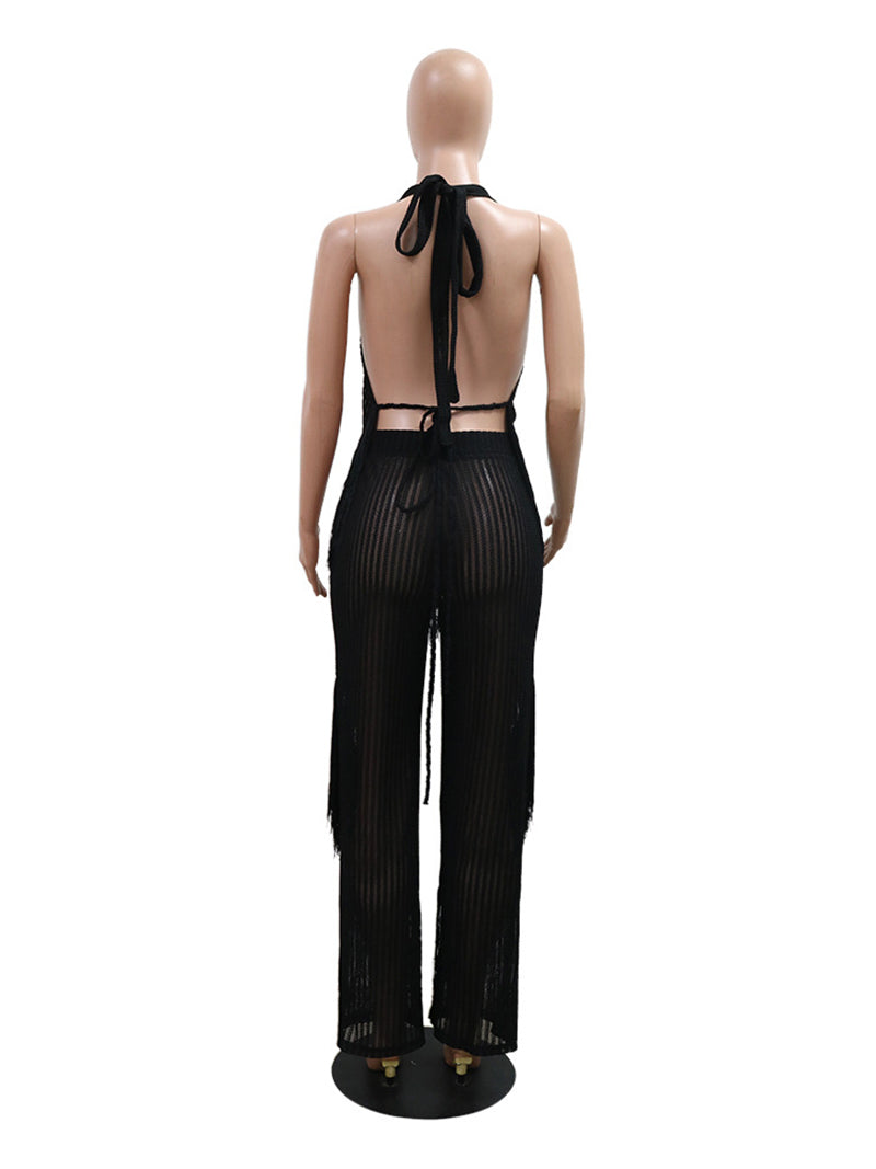 Patchwork Fringe Halter Backless Pant Sets