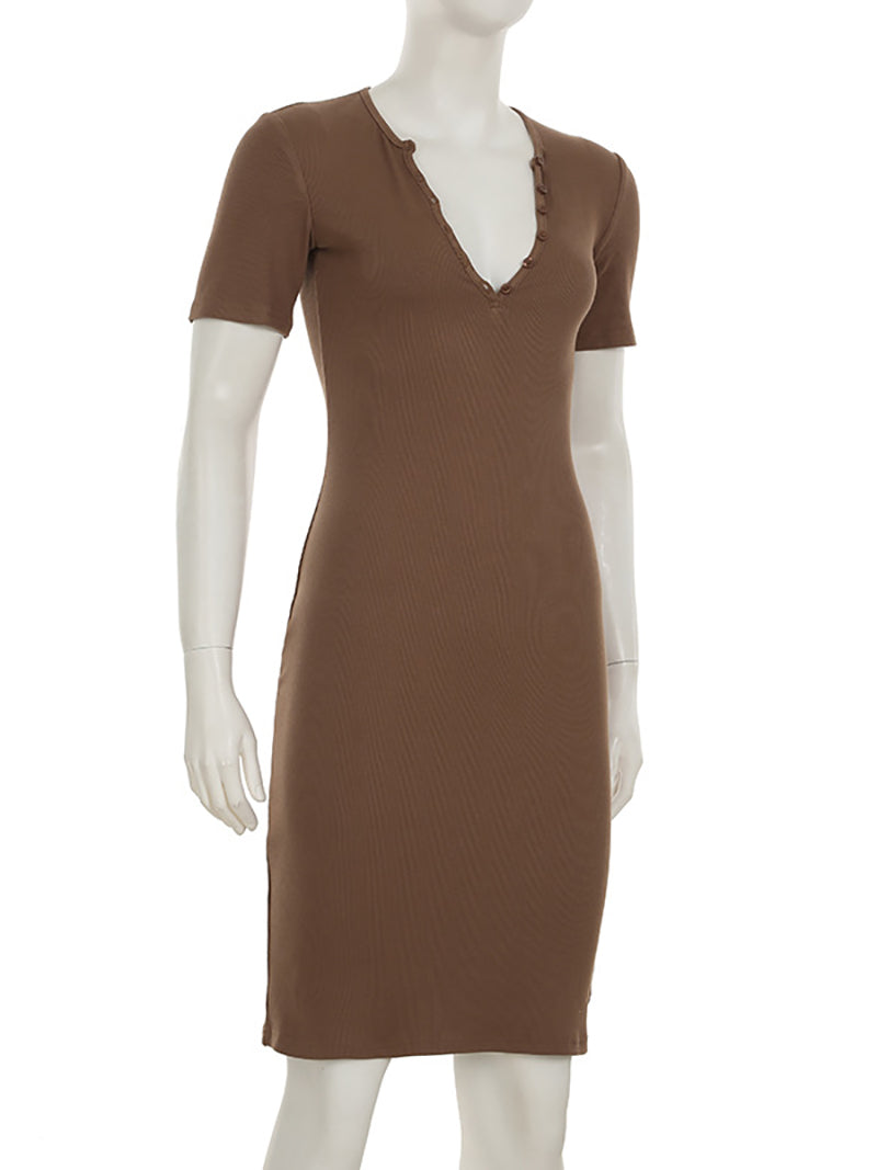 Fashion V-neck Knit Slim Package Hip Midi Dress