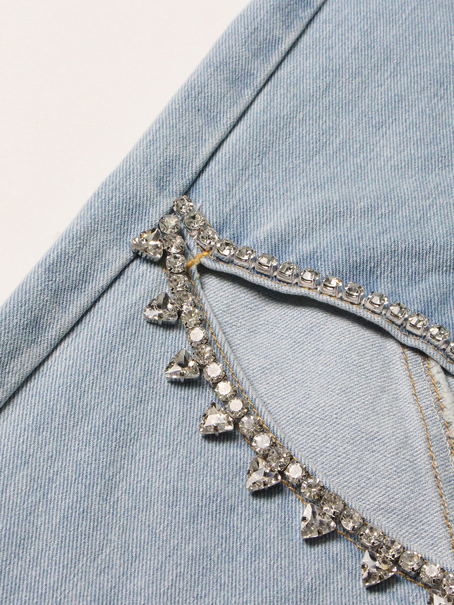 Rhinestone Hollow out Straight Jeans