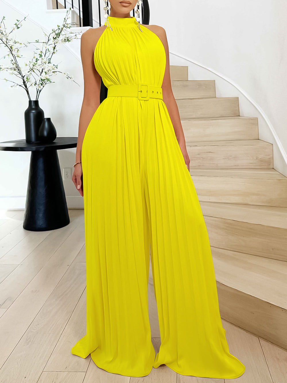 Solid Color O Neck With Belt Pleated Loose Jumpsuits