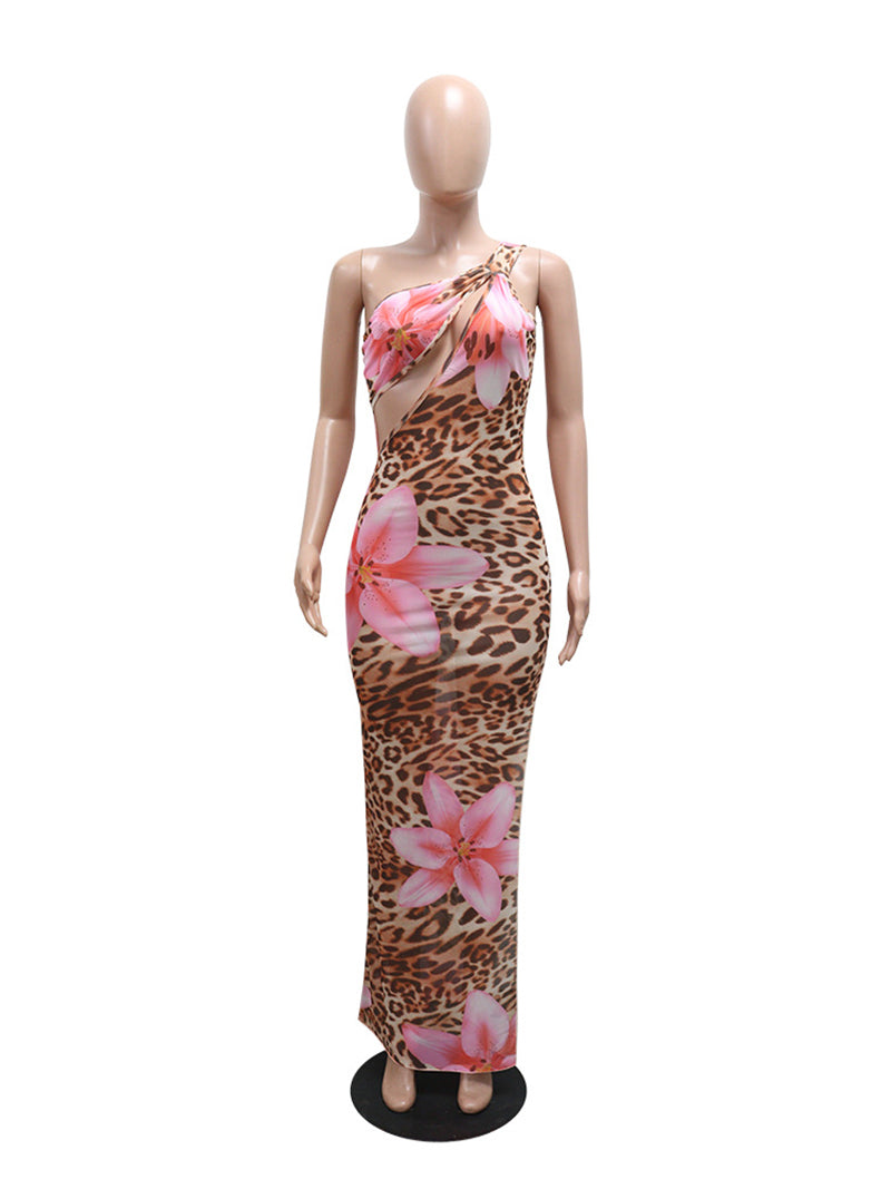 Sexy Sheer Mesh Leopard Print Maxi Dress