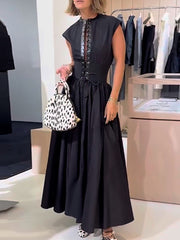 Round Neck Sleeveless Lace Up Cinched Waist Midi Dress