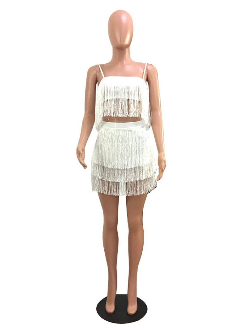 Sexy Fringe Crop Top And Mini Skirt Two Piece Set
