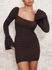 Chocolate Textured Flared Sleeve Bodycon Dress