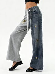 Casual Denim Patchwork Straight Trousers