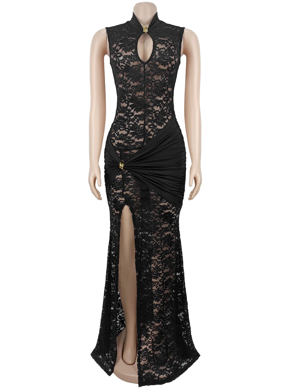 Sexy Hollow Lace Sleeveless Bodycon High Slit Maxi Dress