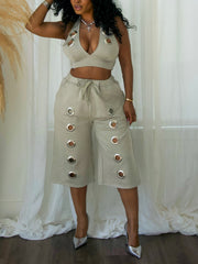 Casual Halterneck Crop Vest Wide Leg Capri Pants Set