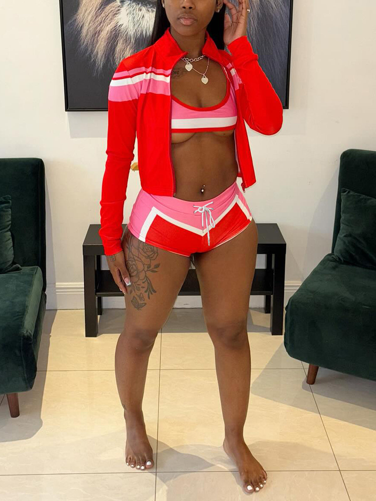 Stripe Zipper Contrast Color Sports Casual Set