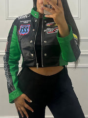 Fashion PU Leather Print Cropped Baseball Jacket