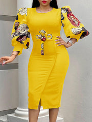 Round Neck Print puff sleeves Slim Dress