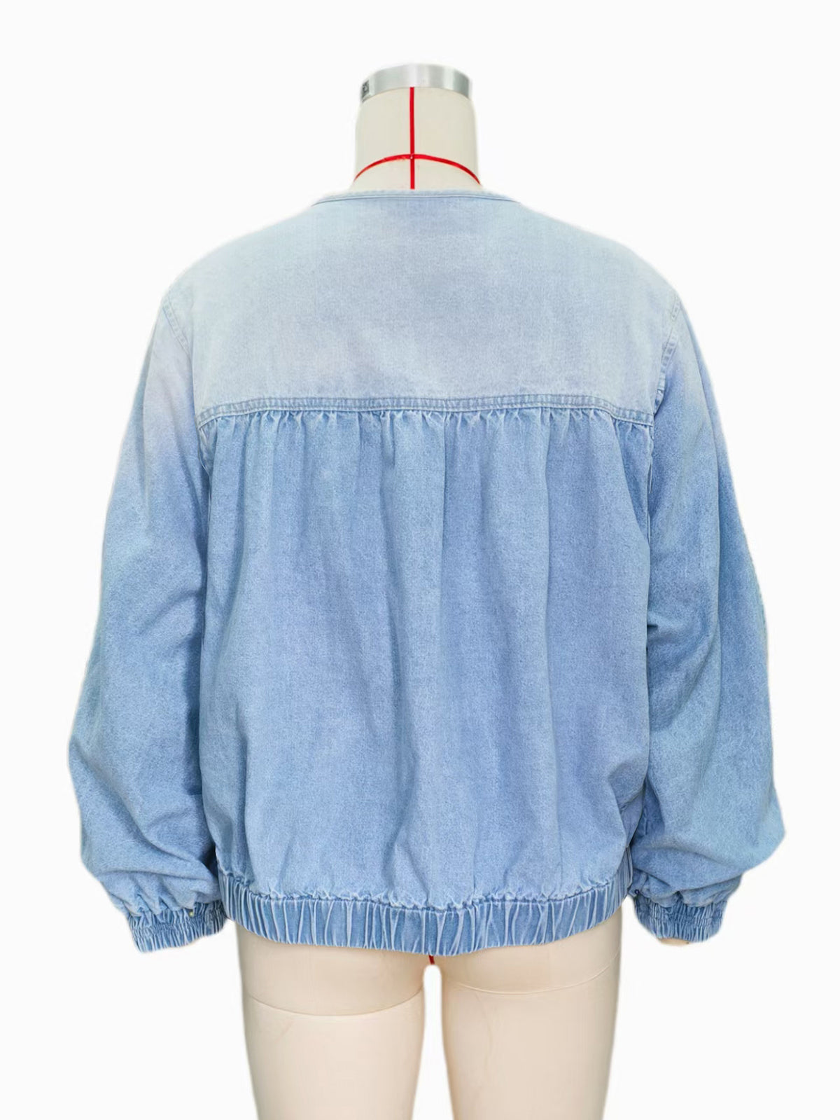 Casual Round Collar Loose Smocked Crop Denim Jacket