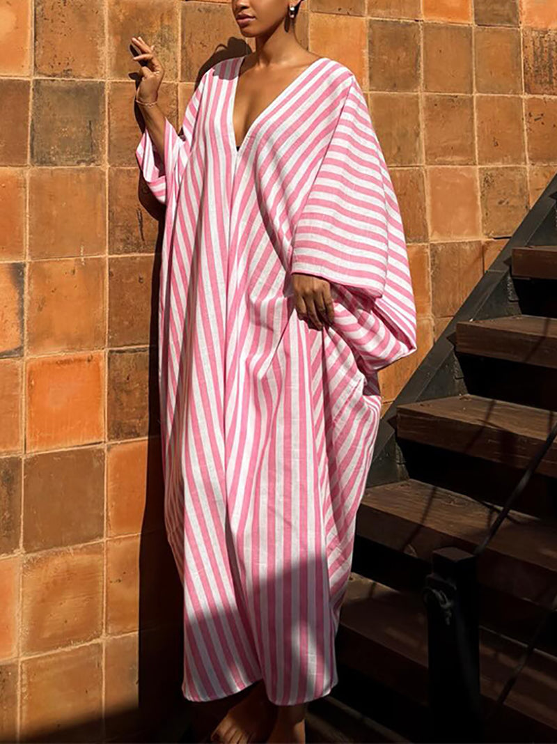 Fashion Striped V-Neck Loose Maxi Dress