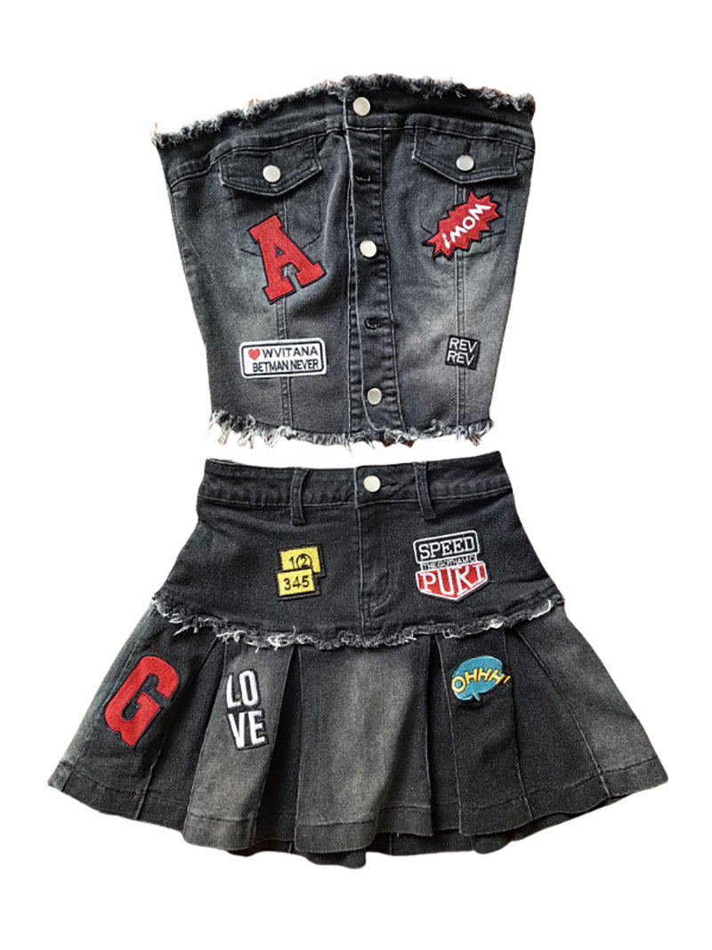 Sexy Wrap Chest Embroidery Denim Tube Pleated Skirt Set