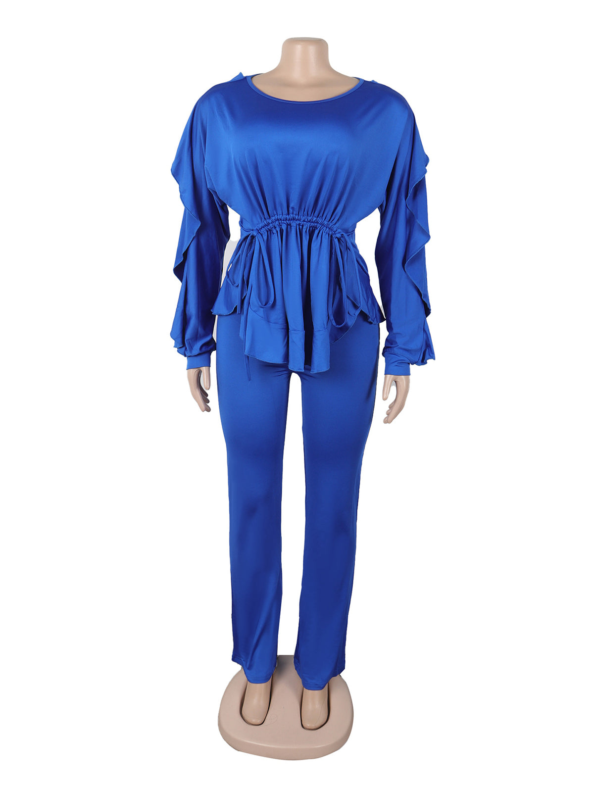 Casual Round Neck Cinched Waist Top and Pants Set