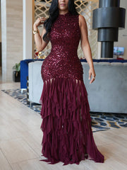 Elegant Sequin Slim Ruffle Mesh Tassel Maxi Dress