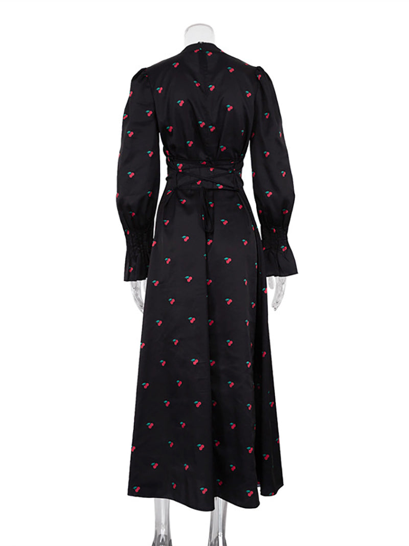 Printed Bell Sleeves Waist Draped Satin Maxi Dress