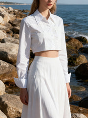 Lapel Long Sleeve Single Breasted Cropped Shirt