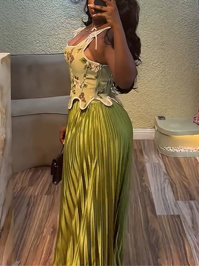 Fashion Cinched Waist Top Pleated Long Skirt Sets