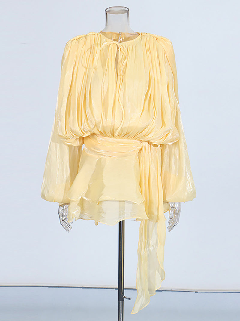 Elegant Round Neck Lace-up Ruffles Short Dress
