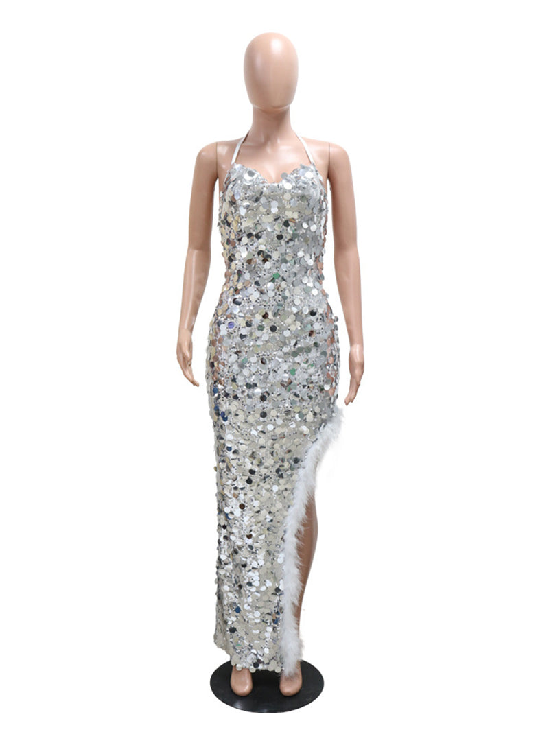 Sequin Slim Feather Trim Slit Halter Neck Maxi Dress