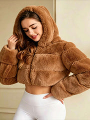 Hooded Paneled Faux Fur Cropped Jacket