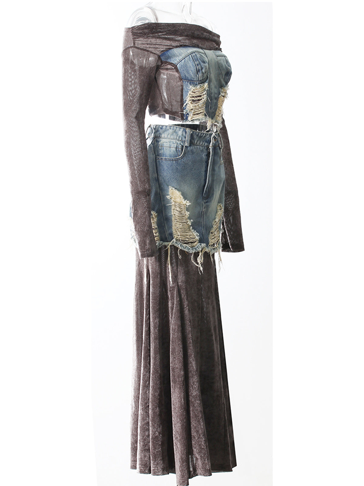 Fashion Mesh Off Shoulder Denim Patchwork Skirts Set