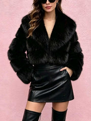 Wide Collar Paneled Faux Fur Cropped Jacket