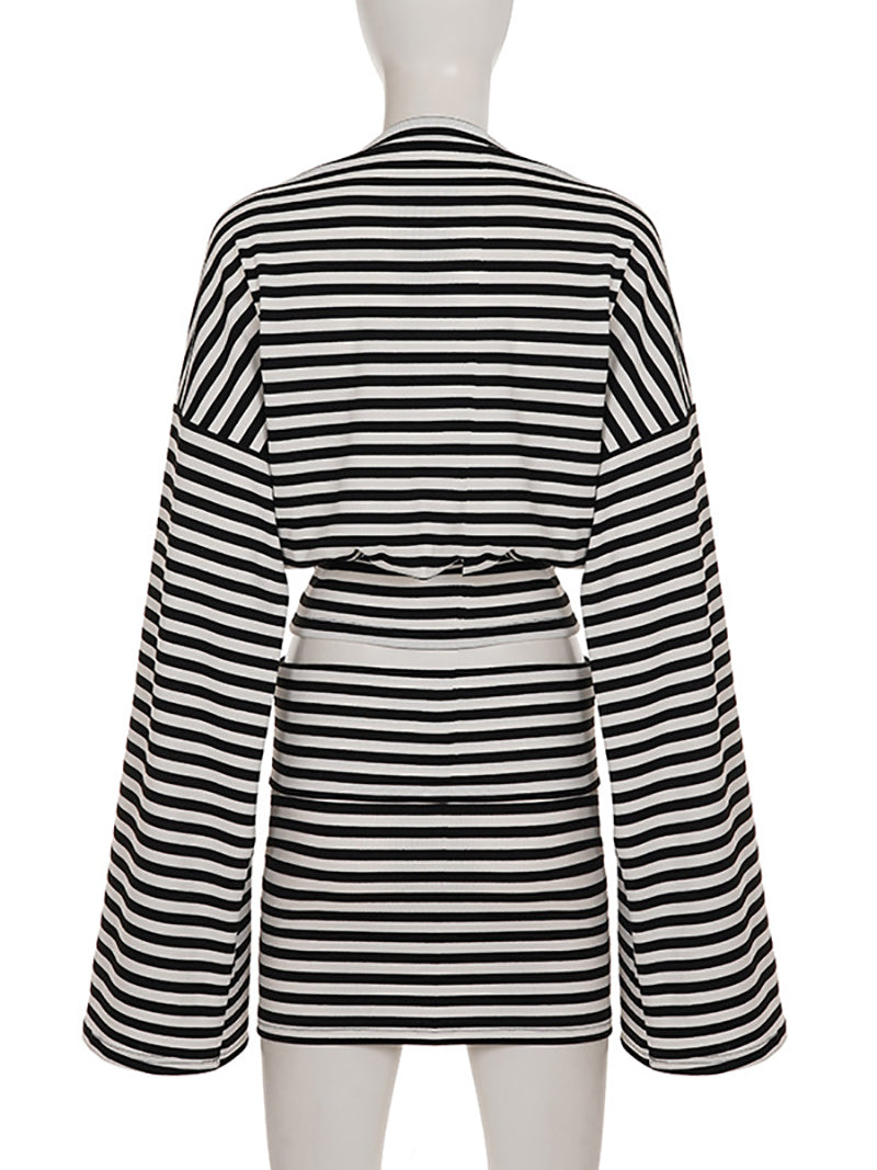 Striped Batwing Sleeve Top And Package Hip Skirt Sets