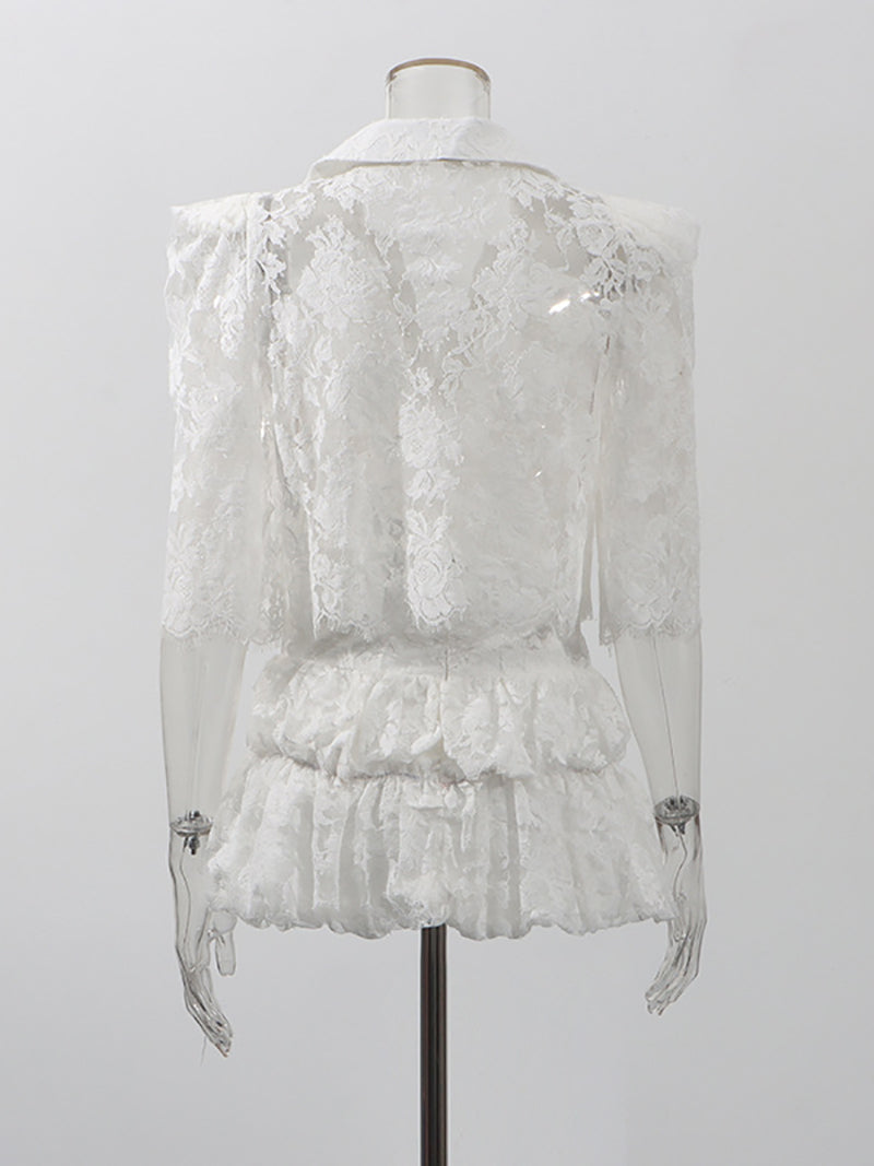 Fashion Lace Hollow out Crop Tops Short Skirt Sets