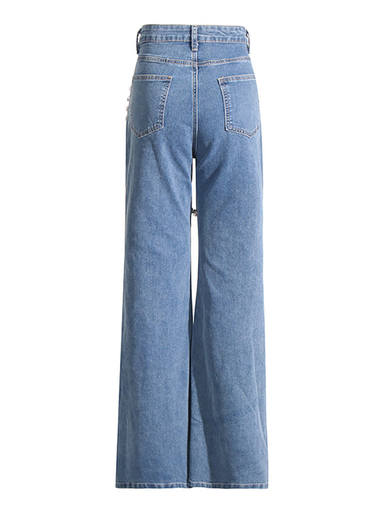 Fashion Mid-Waist Rhinestone Straight Jeans