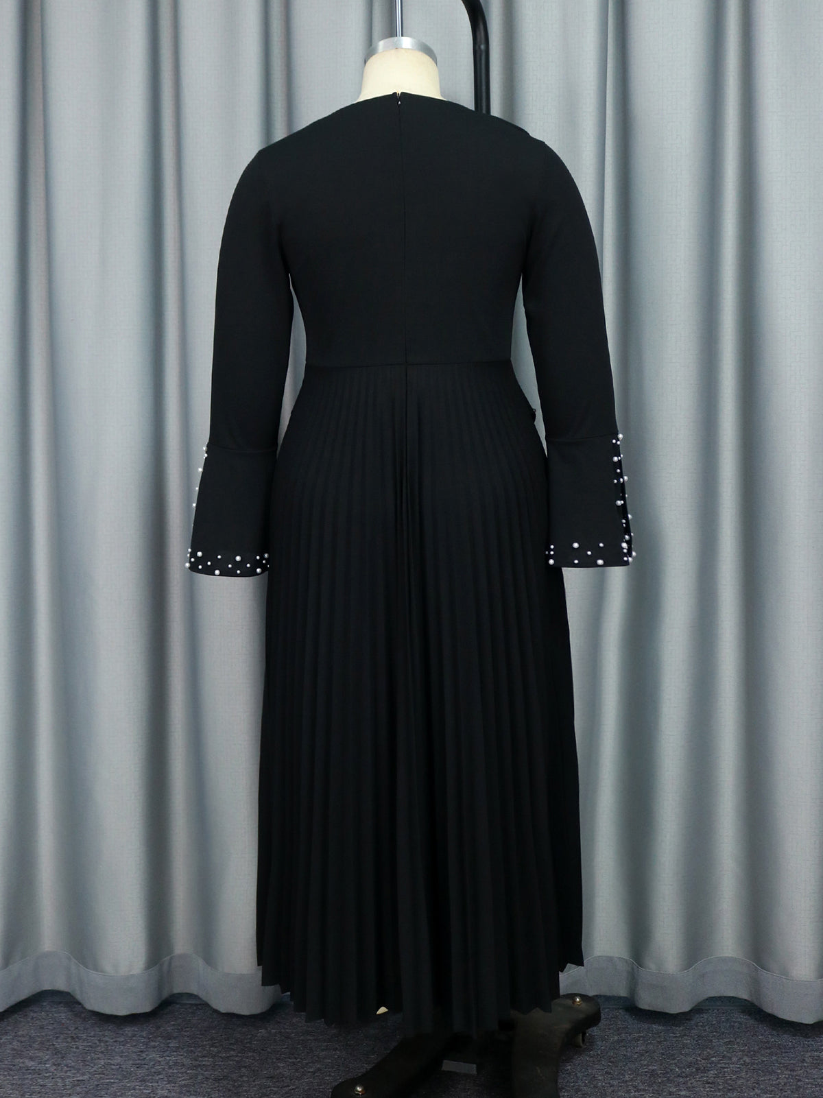 V-Neck Beaded Long Sleeve Pleated Maxi Dress