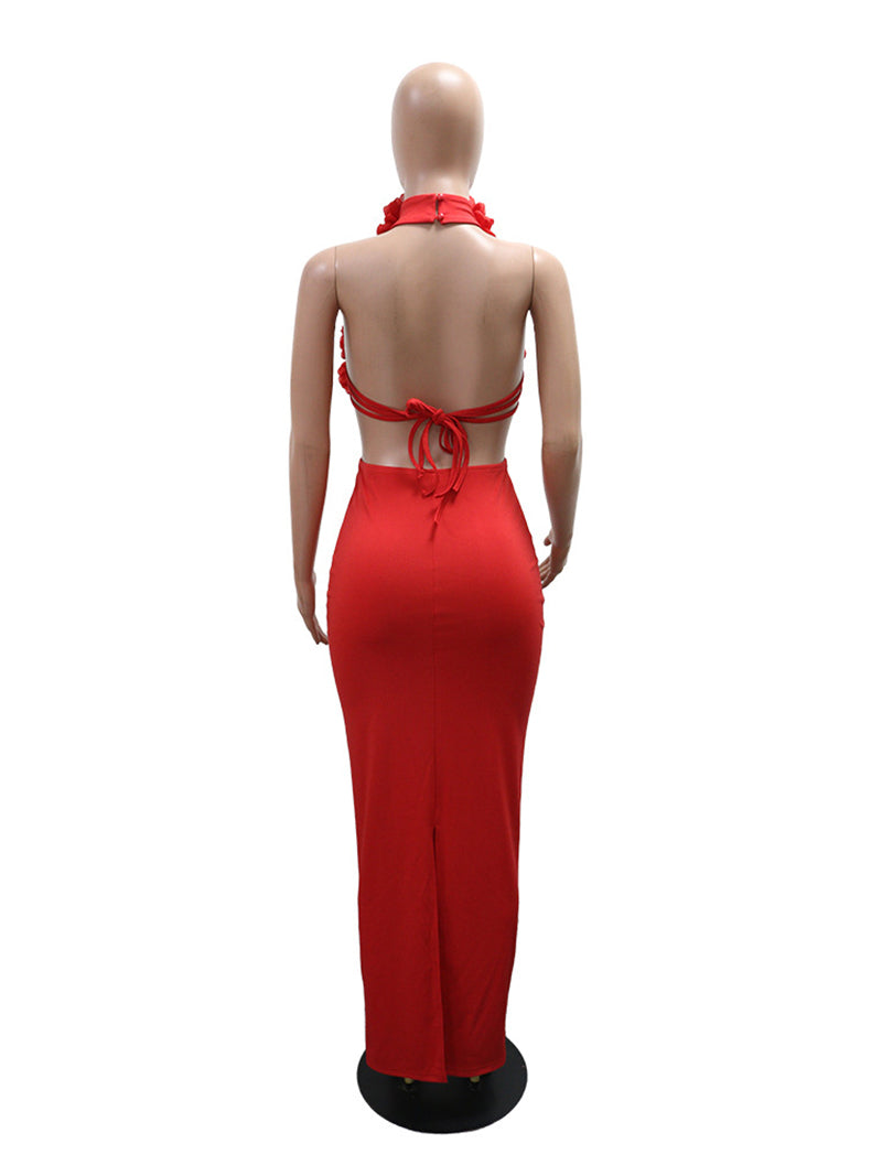 Elegant Floral Hollow-Out Bandage Maxi Dress