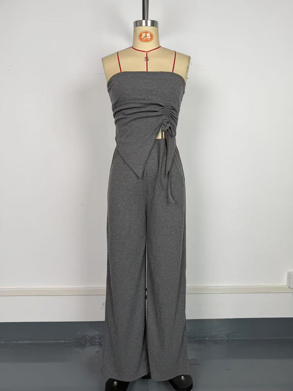 Ribbed Knit Asymmetric Strapless Top And Pants Set