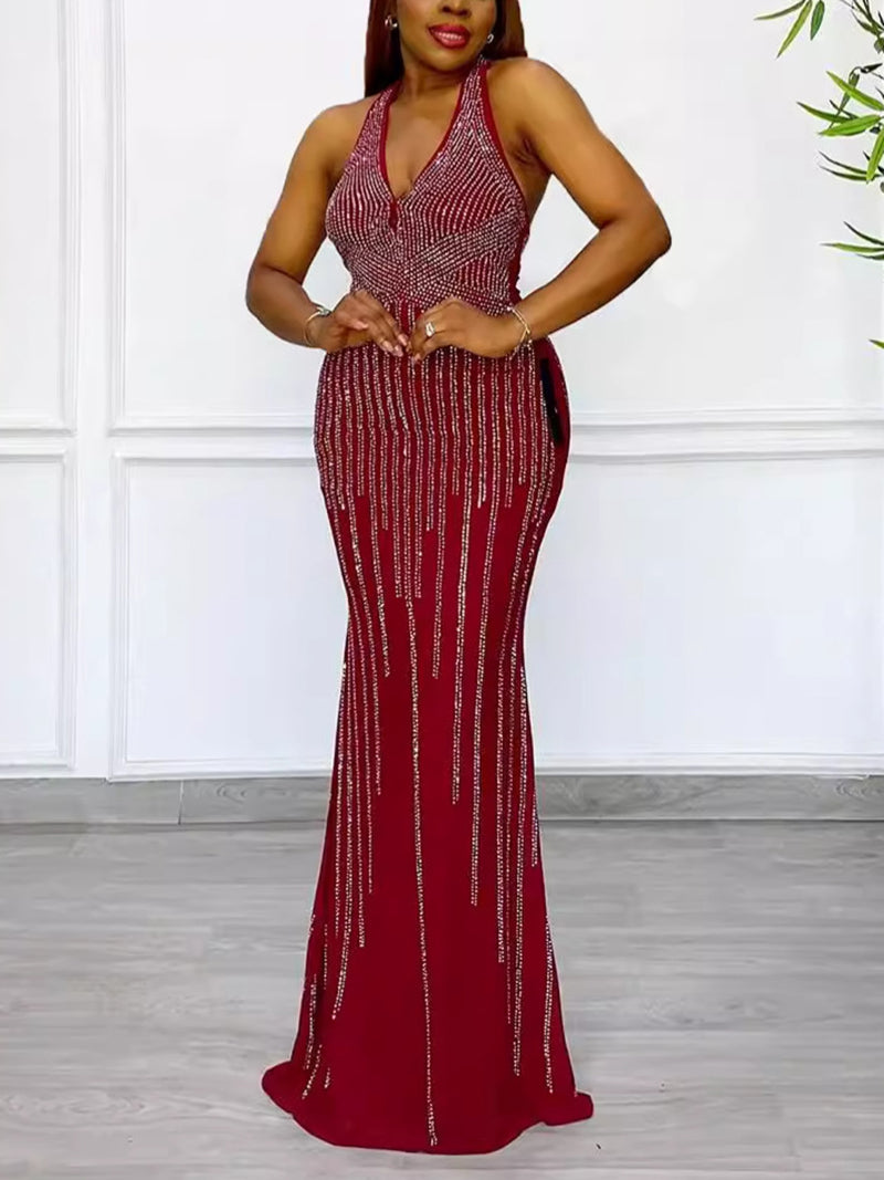 Deep V-Neck Vertical Line Rhinestone Maxi Dress