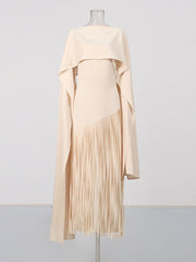 Fringe Cape One Shoulder Maxi Dress-boutique