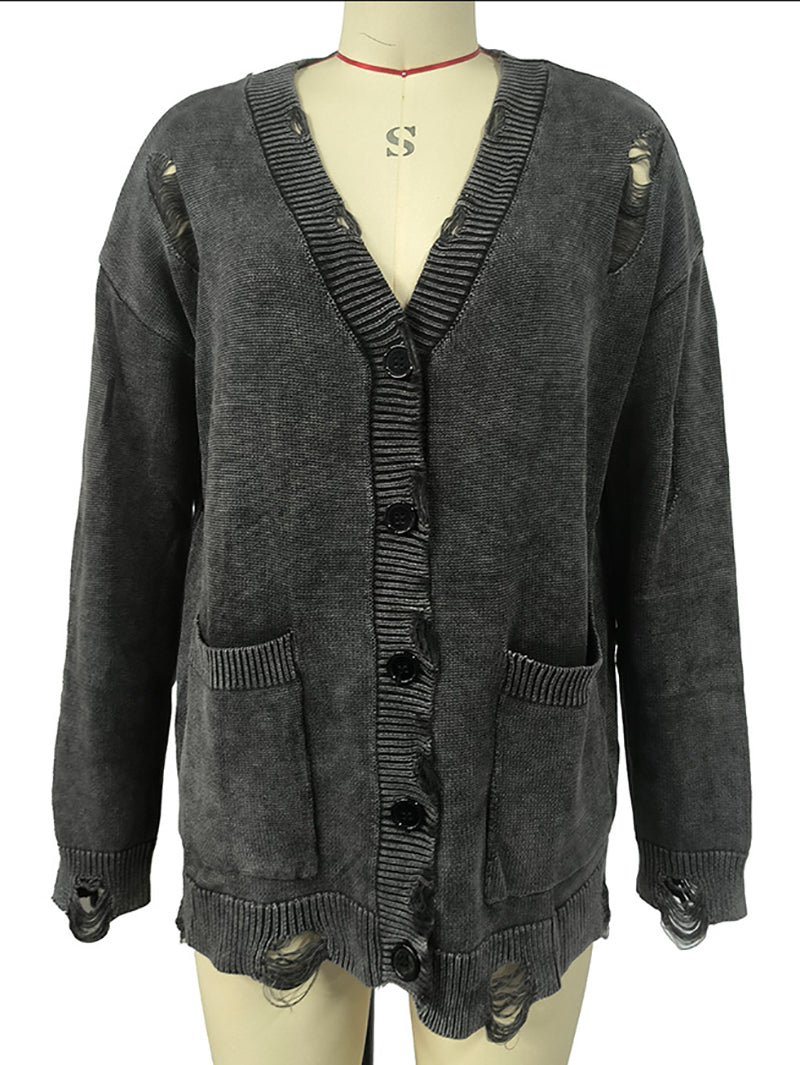 Solid Knit Button Frayed Cardigan