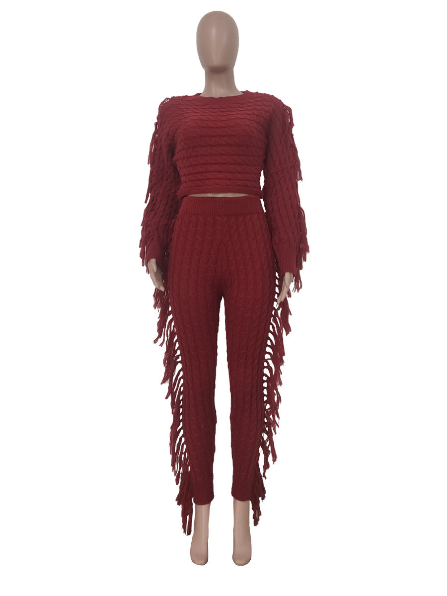 Fashion Knit Tassels High Waist Trousers Sets