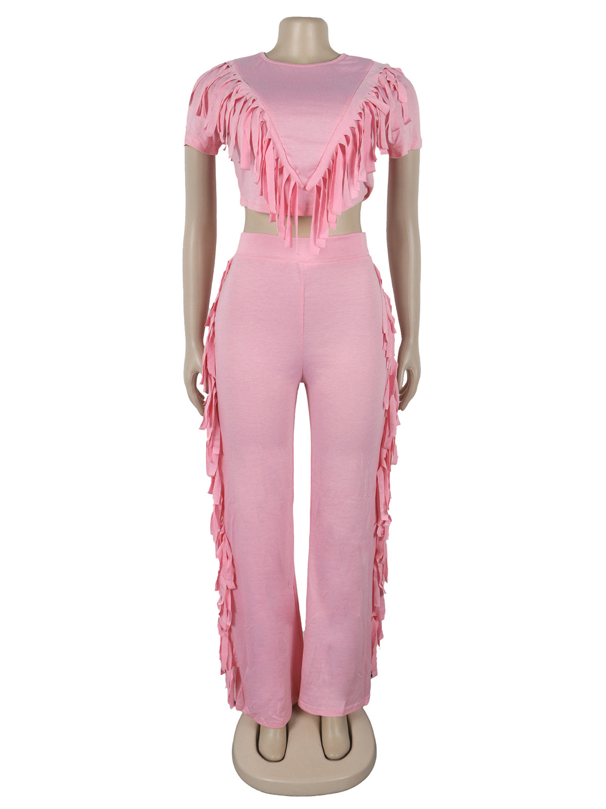 Fringe Crop Top Elastic Pants Casual Two Piece Sets