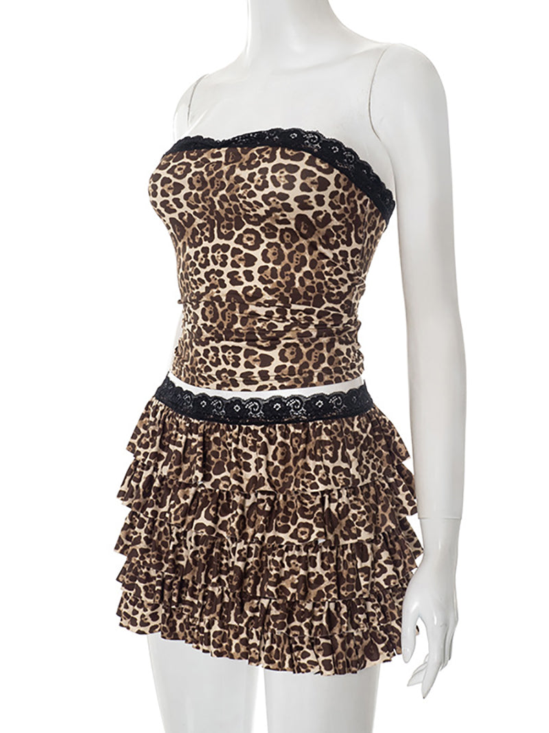 Leopard Print Lace Strapless Top Tiered Mini Skirt Sets