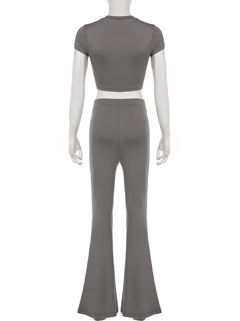 Solid Color Crop Top And Flare Pants Two-Piece Set