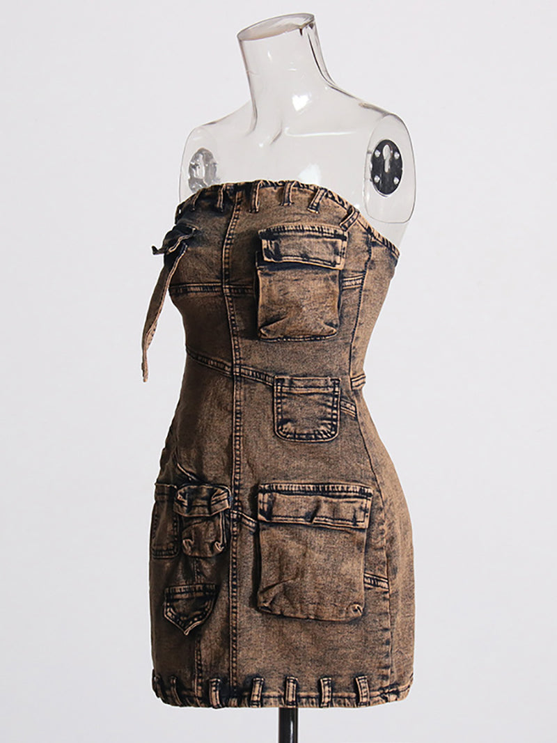 Fashion Patchwork Strapless Denim Dress