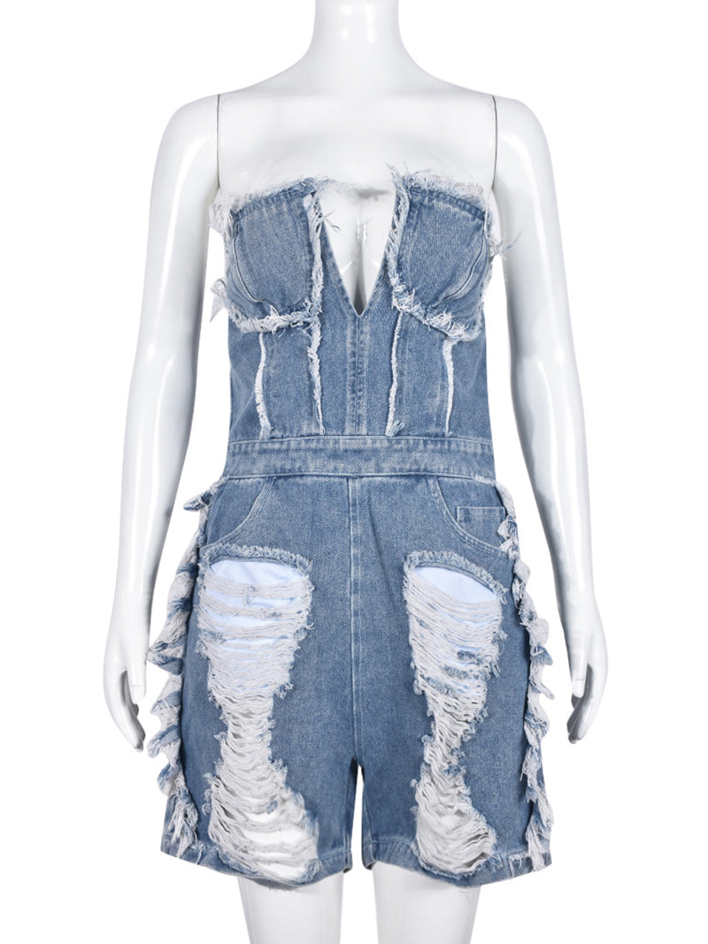 Sexy Strapless Ripped Denim Romper