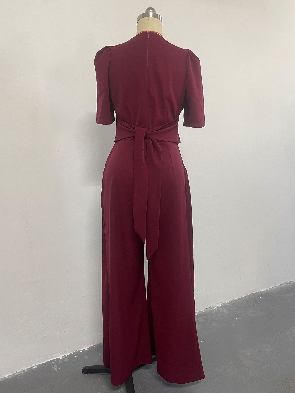 Solid Short Sleeve V Neck Wide Leg Jumpsuit