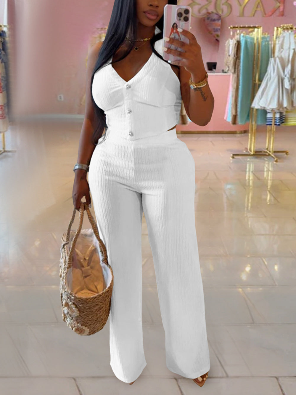 Casual Halter Sleeveless Bandage Trousers Two Piece Set