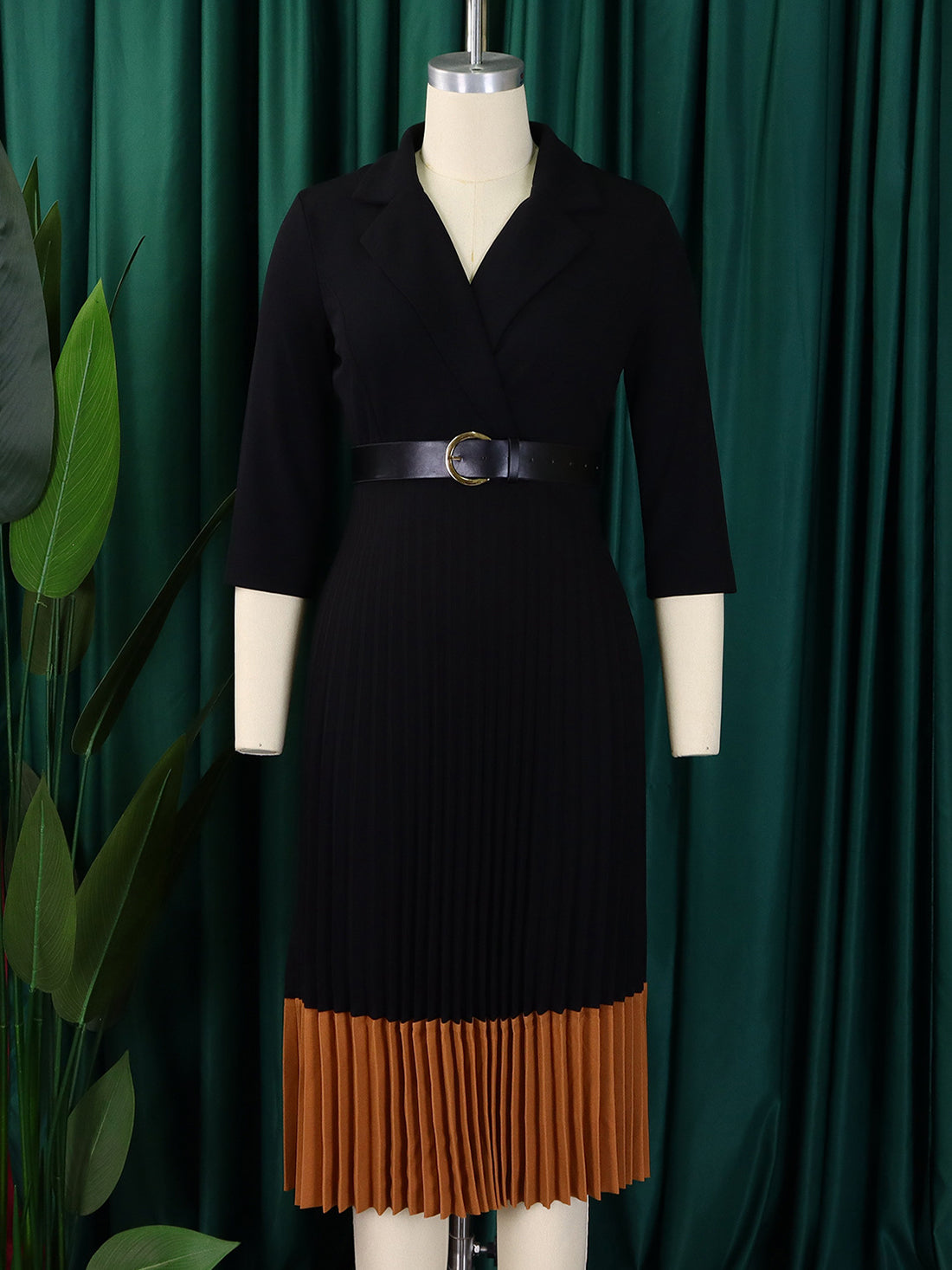 Fashion Slim Two-Tone Belted Pleated Dress